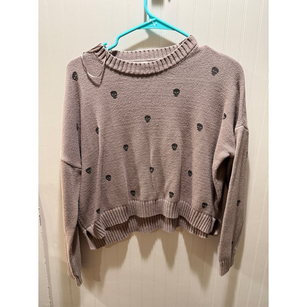 Sincerely‎ Jules Womens Skull Print Knit Sweater Mauve Taupe Cropped Pullover S